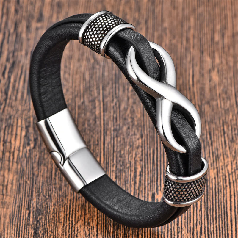 Endless Knot Infinity Symbol Titanium Steel and Leather Buckle Bracelet