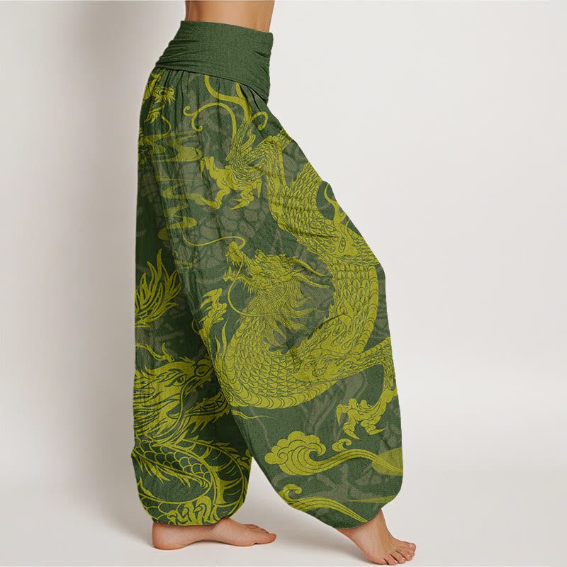 Cotton Dragon Auspicious Clouds Women's Elastic Waist Harem Pants