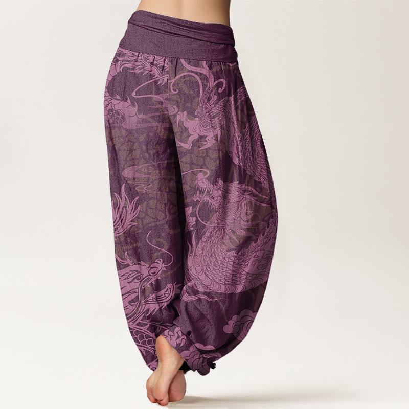 Cotton Dragon Auspicious Clouds Women's Elastic Waist Harem Pants