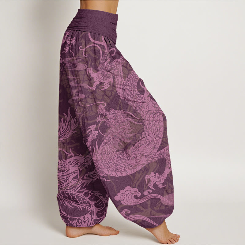 Cotton Dragon Auspicious Clouds Women's Elastic Waist Harem Pants