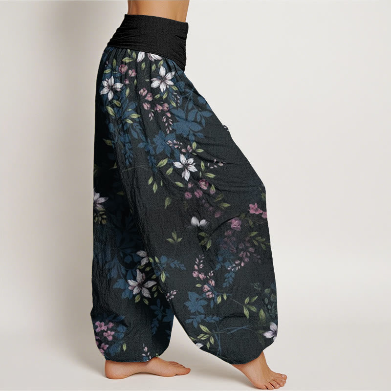 Cotton Small White Blossoms Green Leaves Women's Elastic Waist Harem Pants