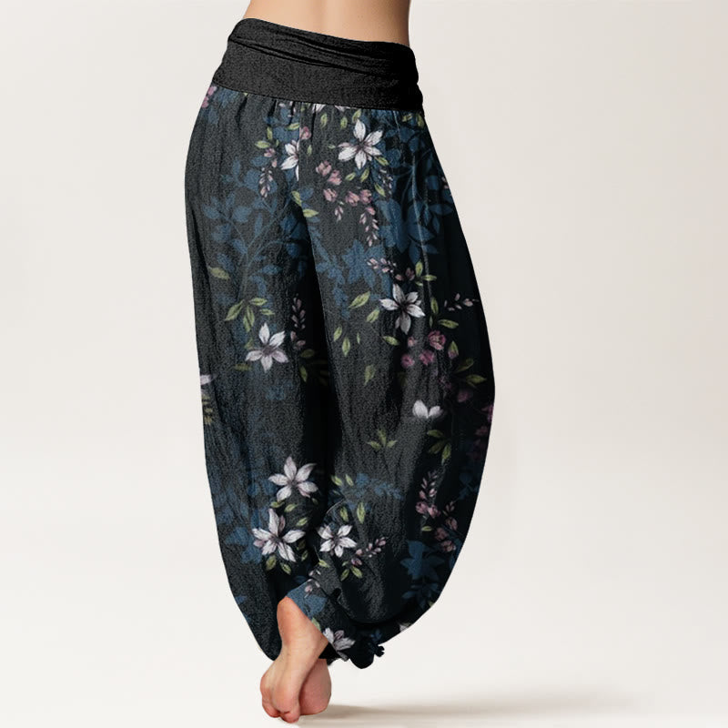 Cotton Small White Blossoms Green Leaves Women's Elastic Waist Harem Pants