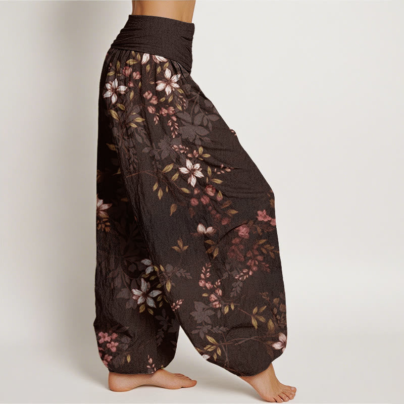 Cotton Small White Blossoms Green Leaves Women's Elastic Waist Harem Pants