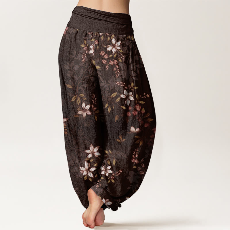 Cotton Small White Blossoms Green Leaves Women's Elastic Waist Harem Pants