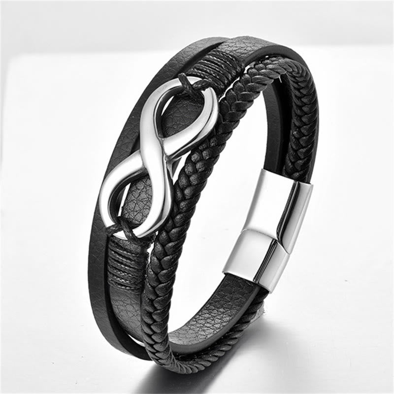 Eternal Endless Knot Infinity Symbol Titanium Steel Calm Leather Buckle Bracelet