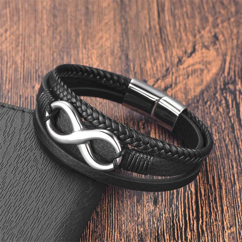 Eternal Endless Knot Infinity Symbol Titanium Steel Calm Leather Buckle Bracelet