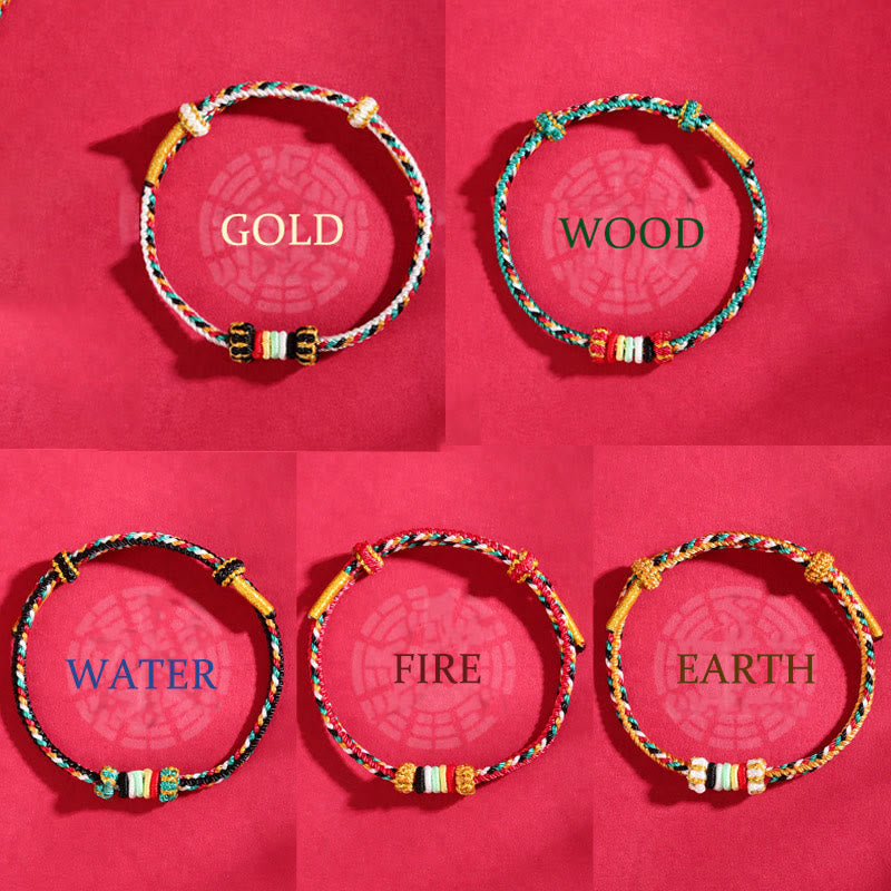 Braided Five Elements Colorful String Bracelet with Endless Reef Knot