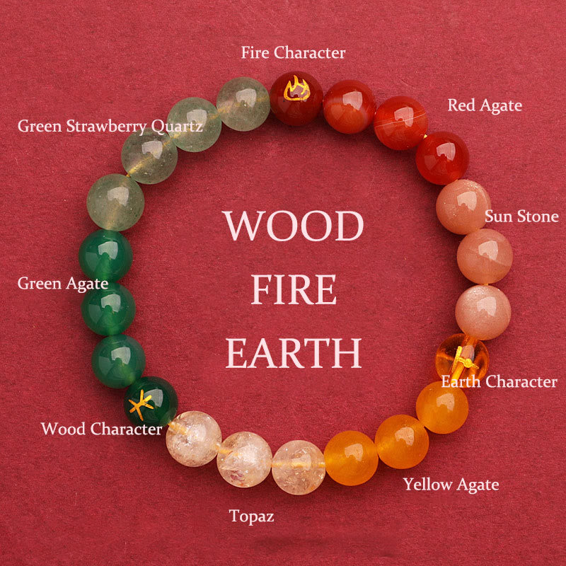 Five Elements Multi-Stone Agate Jade & Sunstone Beaded Crystal Bracelet