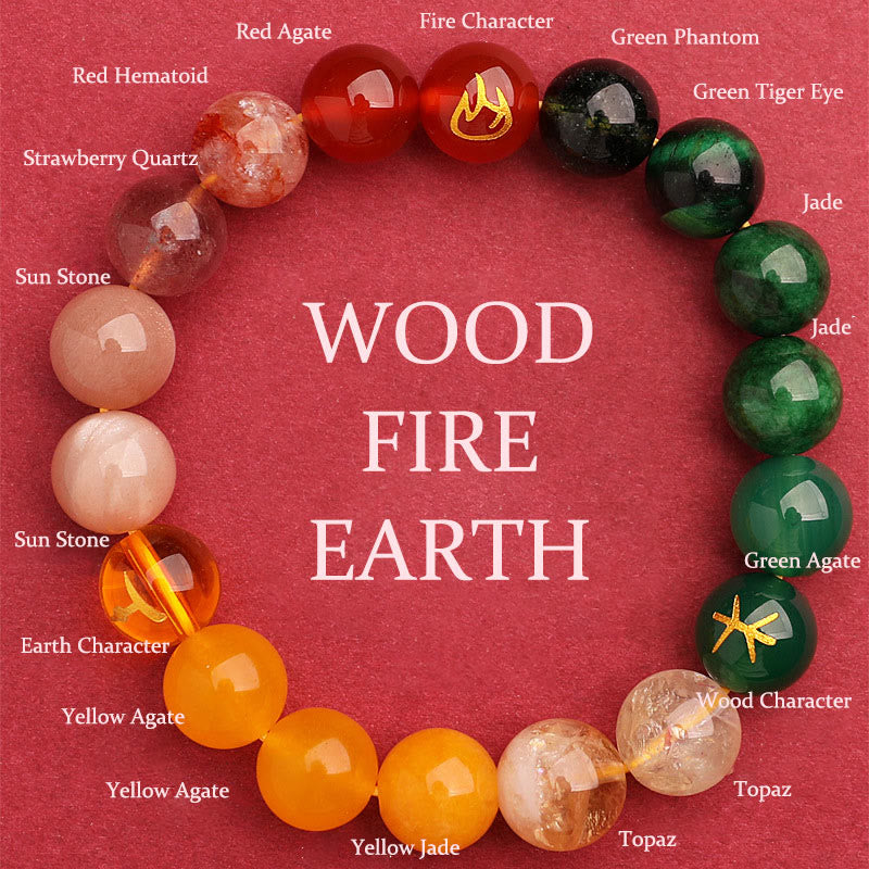 Five Elements Multi-Stone Agate Jade & Sunstone Beaded Crystal Bracelet