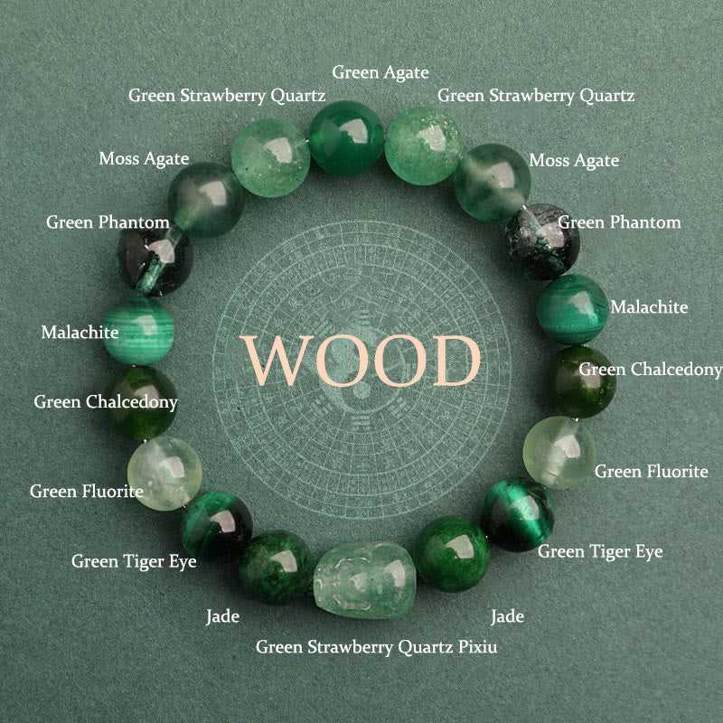 Multi-Gemstone Five Elements Pixiu Beaded Bracelet with Moss Agate and Quartz