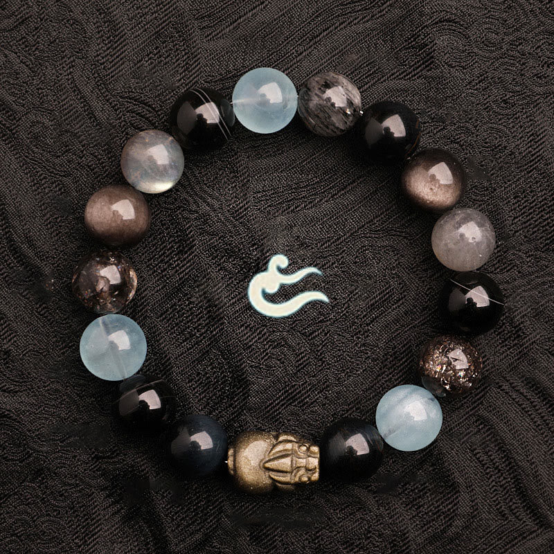 Multi-Gemstone Five Elements Pixiu Beaded Bracelet with Moss Agate and Quartz