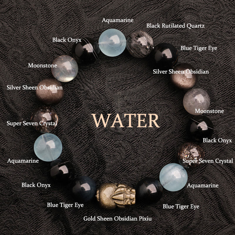 Multi-Gemstone Five Elements Pixiu Beaded Bracelet with Moss Agate and Quartz