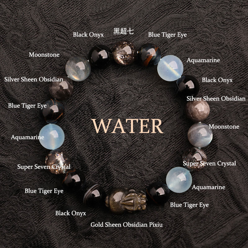 Multi-Gemstone Five Elements Pixiu Beaded Bracelet with Moss Agate and Quartz