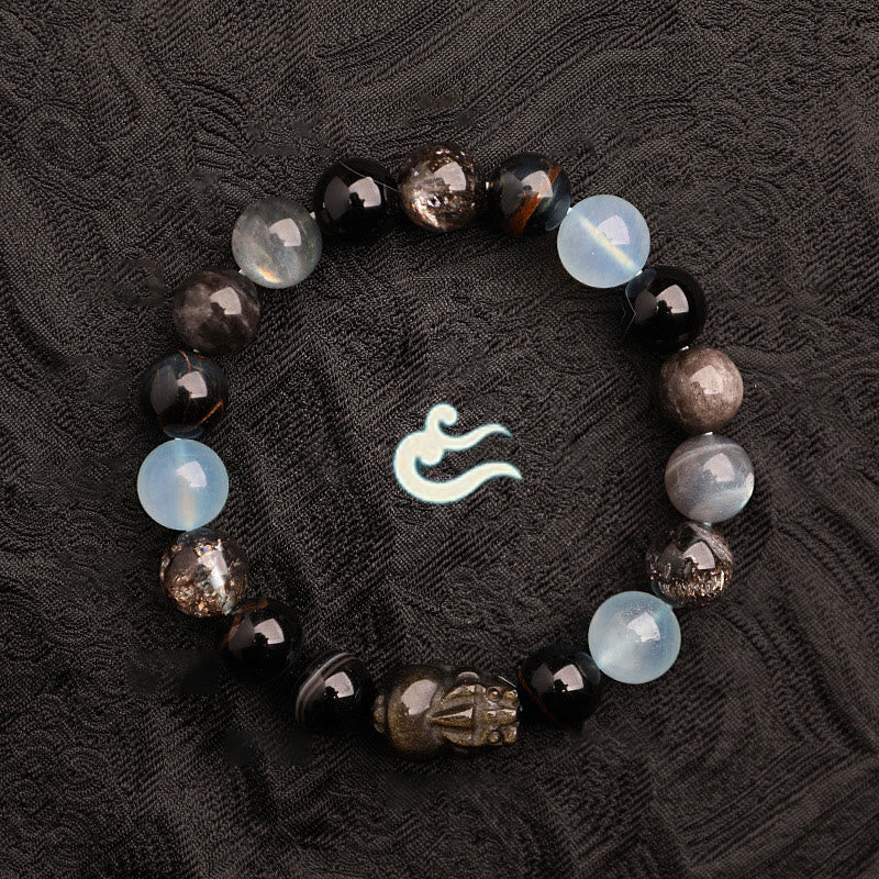 Multi-Gemstone Five Elements Pixiu Beaded Bracelet with Moss Agate and Quartz
