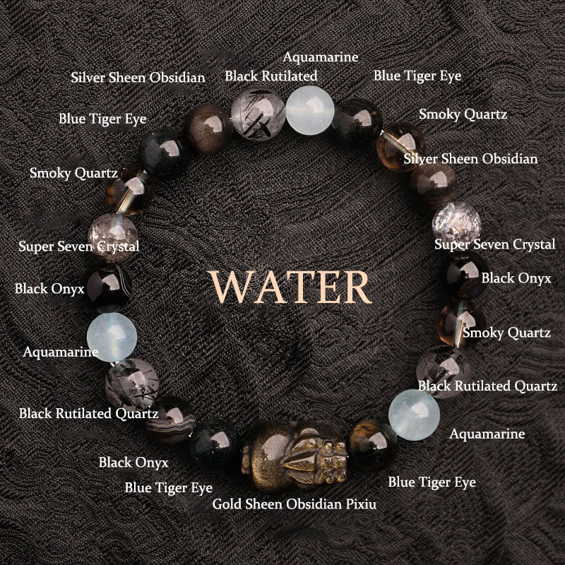 Multi-Gemstone Five Elements Pixiu Beaded Bracelet with Moss Agate and Quartz