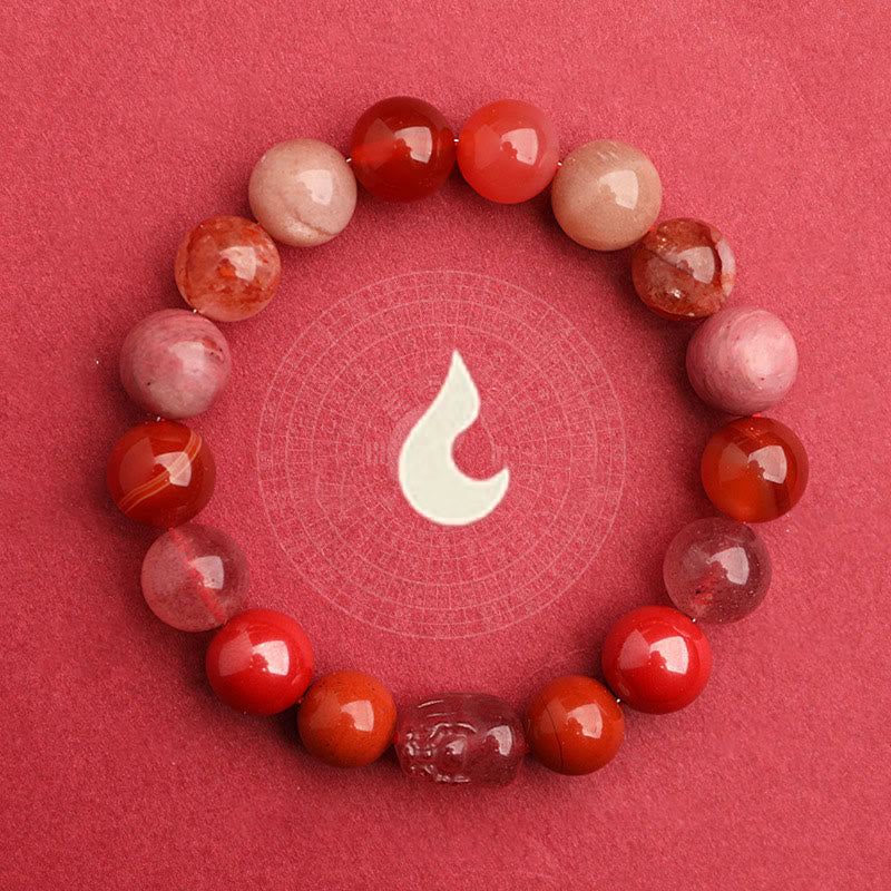 Multi-Gemstone Five Elements Pixiu Beaded Bracelet with Moss Agate and Quartz