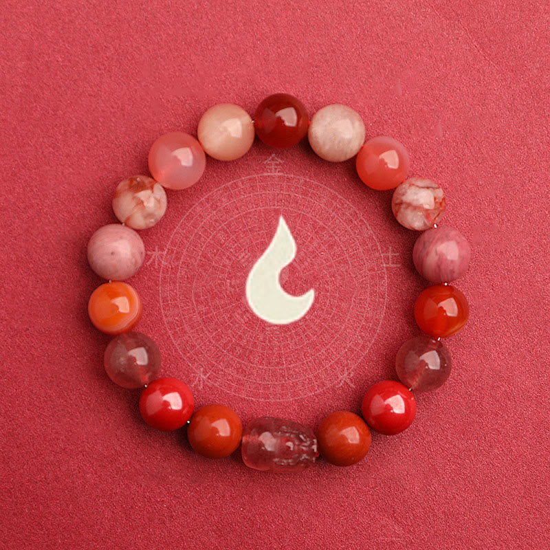 Multi-Gemstone Five Elements Pixiu Beaded Bracelet with Moss Agate and Quartz