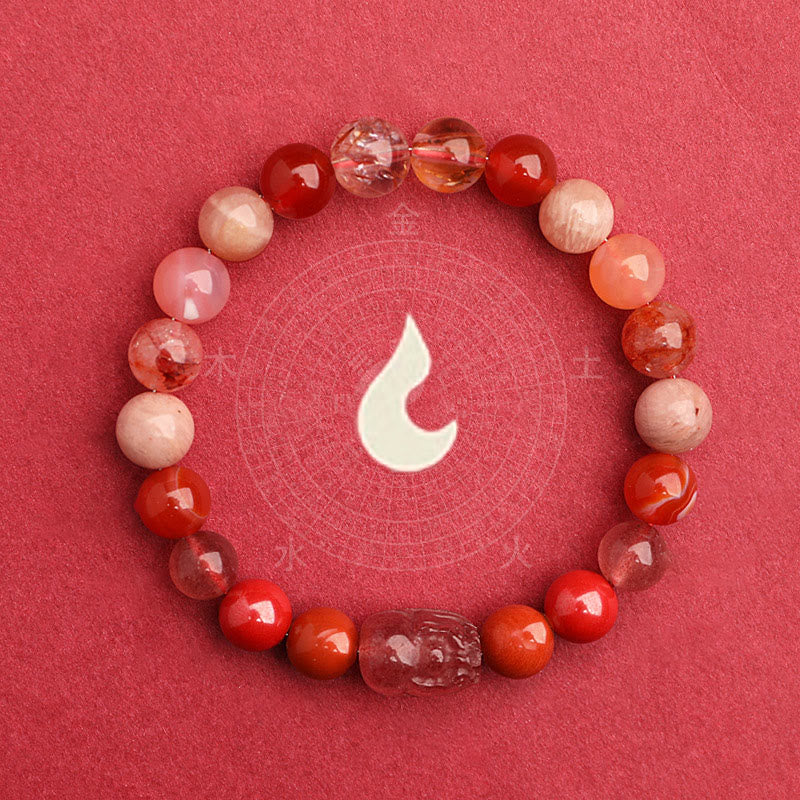 Multi-Gemstone Five Elements Pixiu Beaded Bracelet with Moss Agate and Quartz