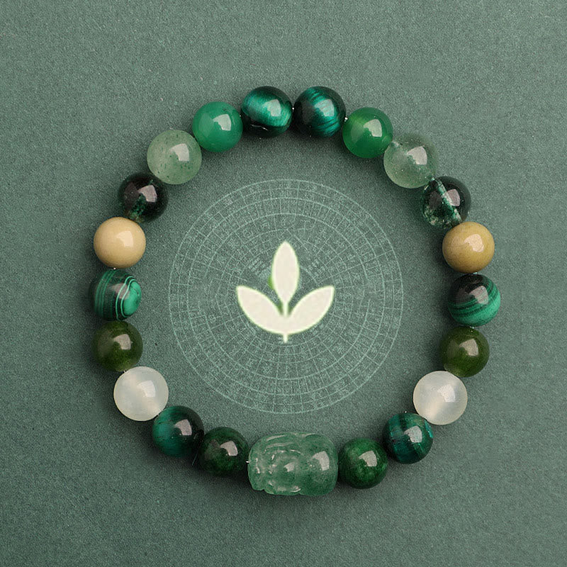 Multi-Gemstone Five Elements Pixiu Beaded Bracelet with Moss Agate and Quartz