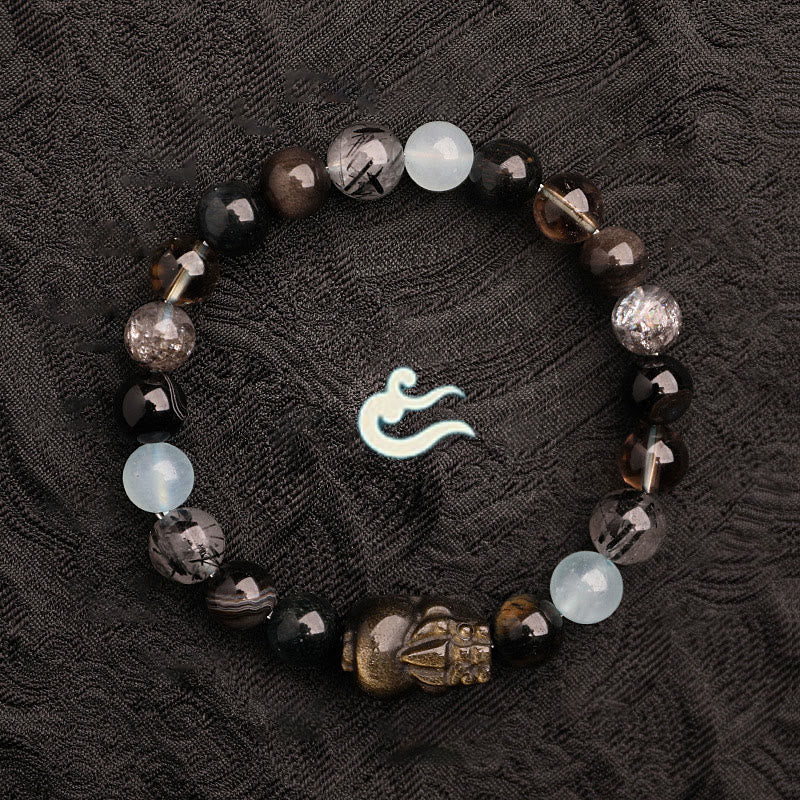 Multi-Gemstone Five Elements Pixiu Beaded Bracelet with Moss Agate and Quartz