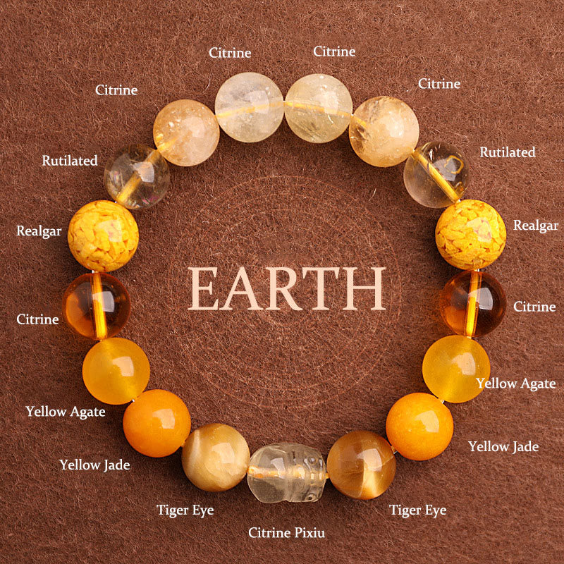 Multi-Gemstone Five Elements Pixiu Beaded Bracelet with Moss Agate and Quartz