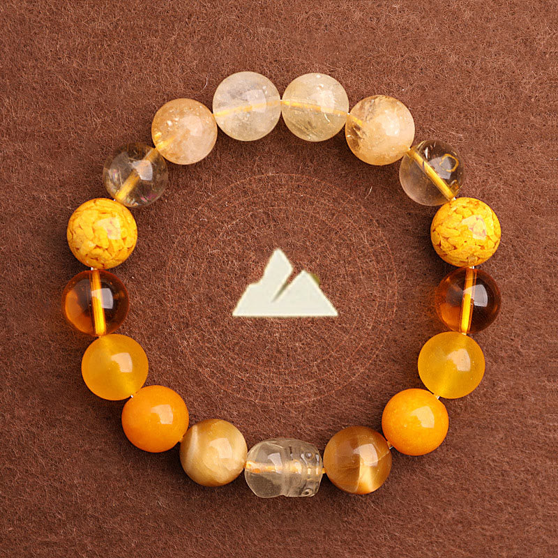 Multi-Gemstone Five Elements Pixiu Beaded Bracelet with Moss Agate and Quartz