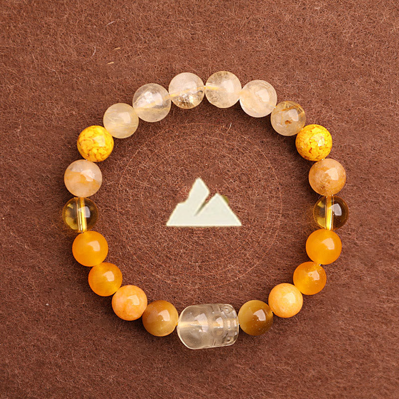 Multi-Gemstone Five Elements Pixiu Beaded Bracelet with Moss Agate and Quartz