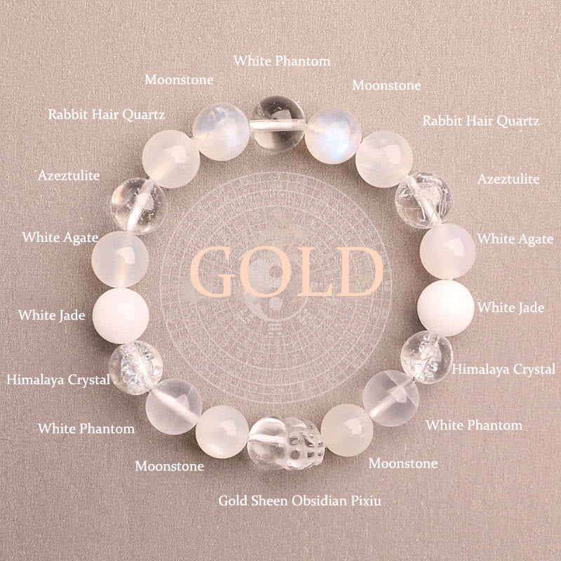 Multi-Gemstone Five Elements Pixiu Beaded Bracelet with Moss Agate and Quartz