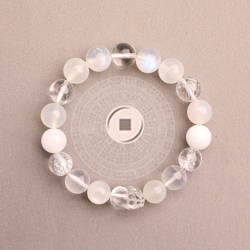 Multi-Gemstone Five Elements Pixiu Beaded Bracelet with Moss Agate and Quartz
