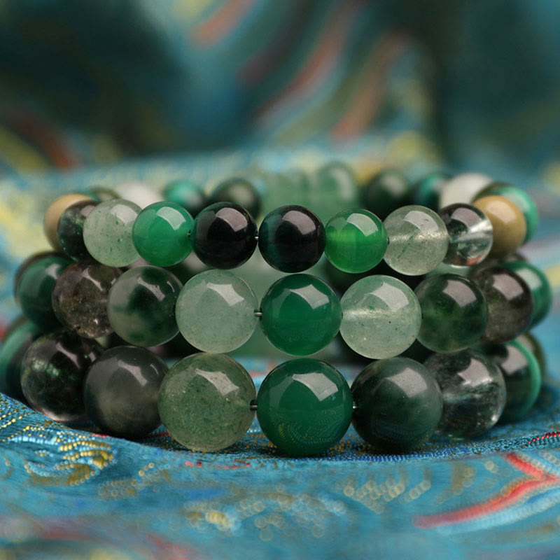 Multi-Gemstone Five Elements Pixiu Beaded Bracelet with Moss Agate and Quartz