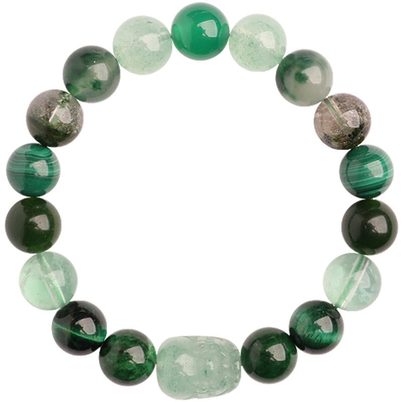 Multi-Gemstone Five Elements Pixiu Beaded Bracelet with Moss Agate and Quartz