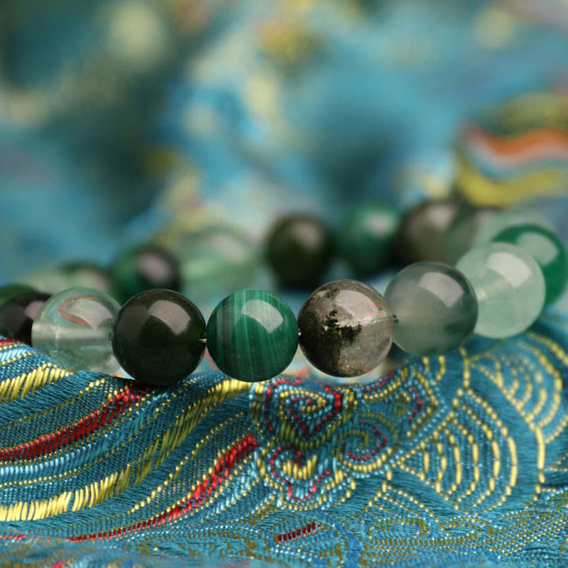 Multi-Gemstone Five Elements Pixiu Beaded Bracelet with Moss Agate and Quartz