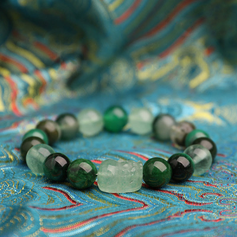 Multi-Gemstone Five Elements Pixiu Beaded Bracelet with Moss Agate and Quartz