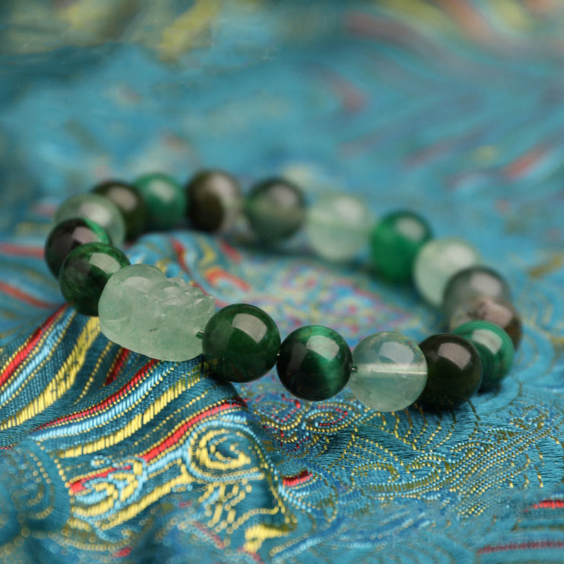 Multi-Gemstone Five Elements Pixiu Beaded Bracelet with Moss Agate and Quartz