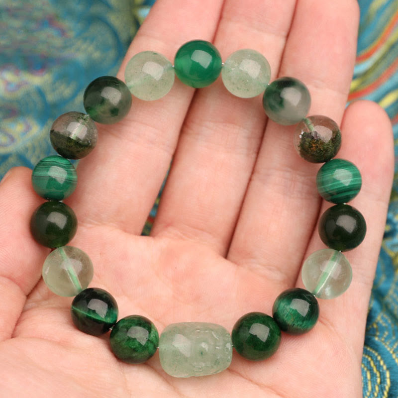 Multi-Gemstone Five Elements Pixiu Beaded Bracelet with Moss Agate and Quartz