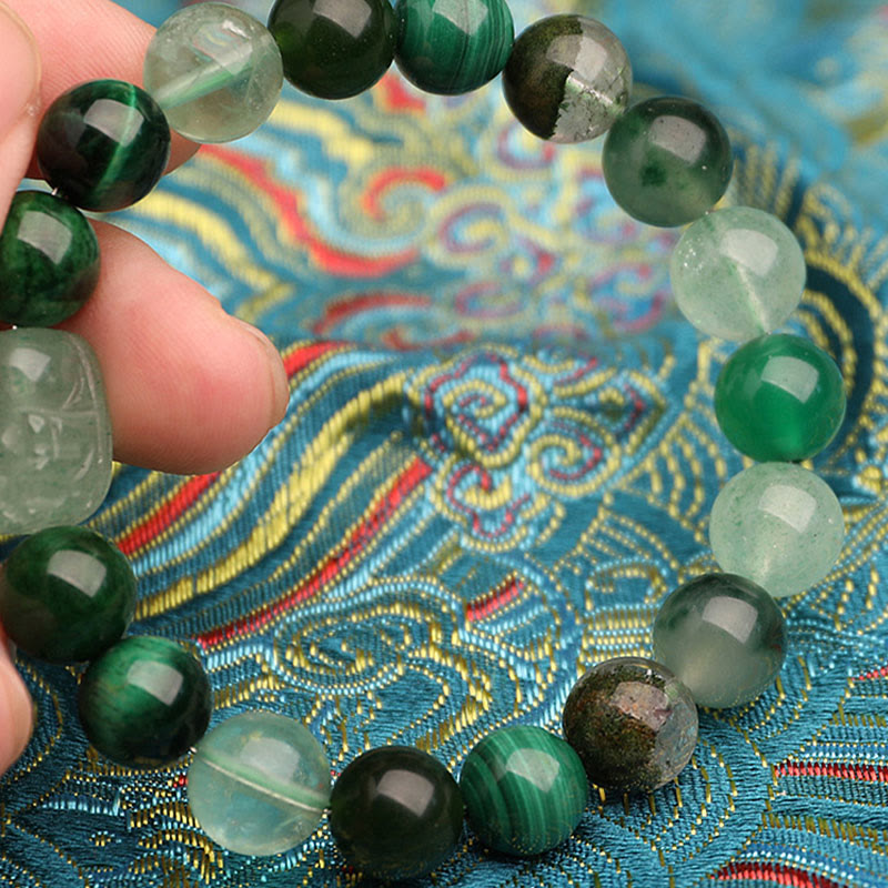 Multi-Gemstone Five Elements Pixiu Beaded Bracelet with Moss Agate and Quartz