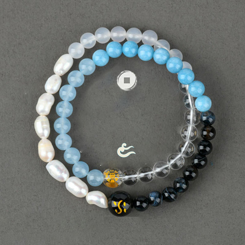 Five Elements Pearl Amazonite Tiger Eye Onyx Quartz Double-Wrap Beaded Bracelet