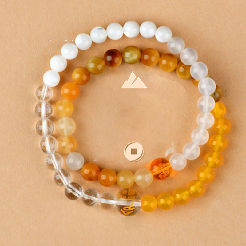 Five Elements Pearl Amazonite Tiger Eye Onyx Quartz Double-Wrap Beaded Bracelet