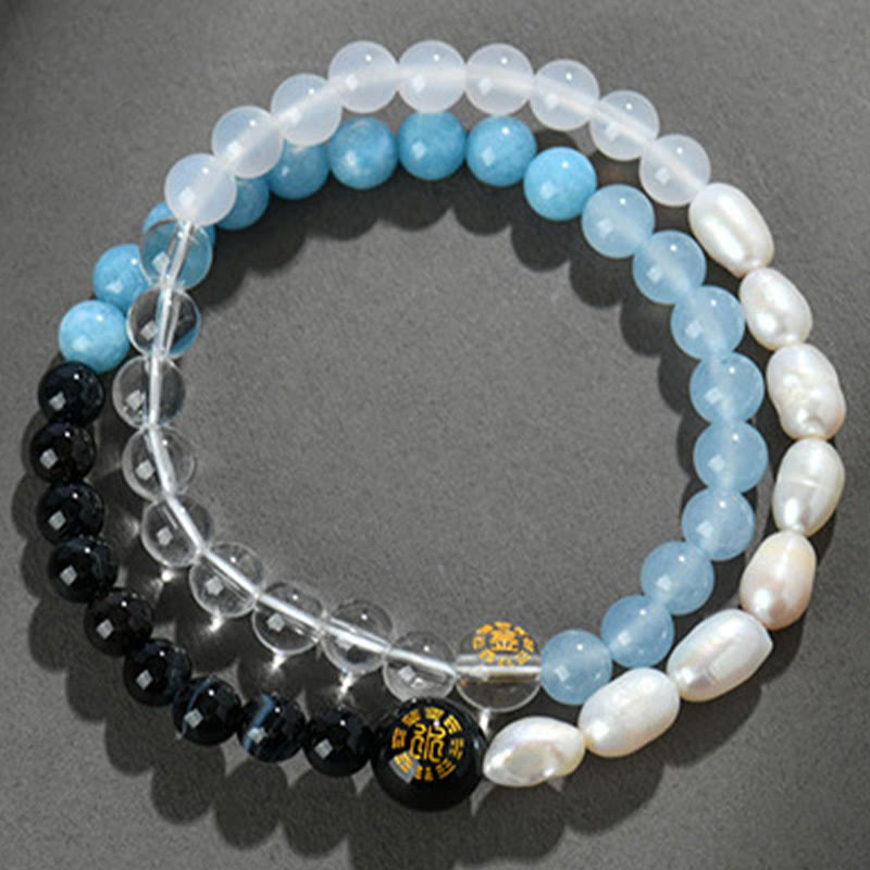 Five Elements Pearl Amazonite Tiger Eye Onyx Quartz Double-Wrap Beaded Bracelet