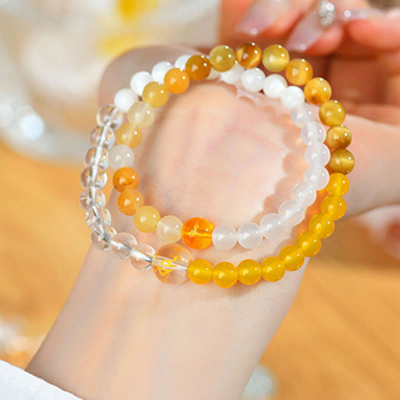 Five Elements Pearl Amazonite Tiger Eye Onyx Quartz Double-Wrap Beaded Bracelet