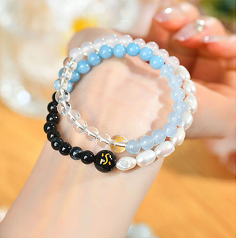 Five Elements Pearl Amazonite Tiger Eye Onyx Quartz Double-Wrap Beaded Bracelet