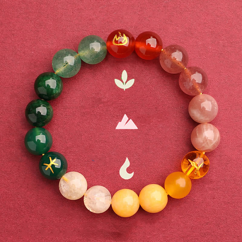 Five Elements Various Agate Crystal Green Strawberry Quartz Sun Stone Wealth Bracelet