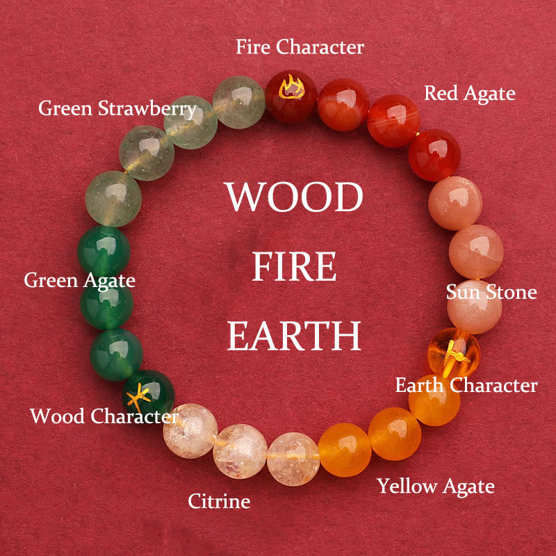 Five Elements Various Agate Crystal Green Strawberry Quartz Sun Stone Wealth Bracelet