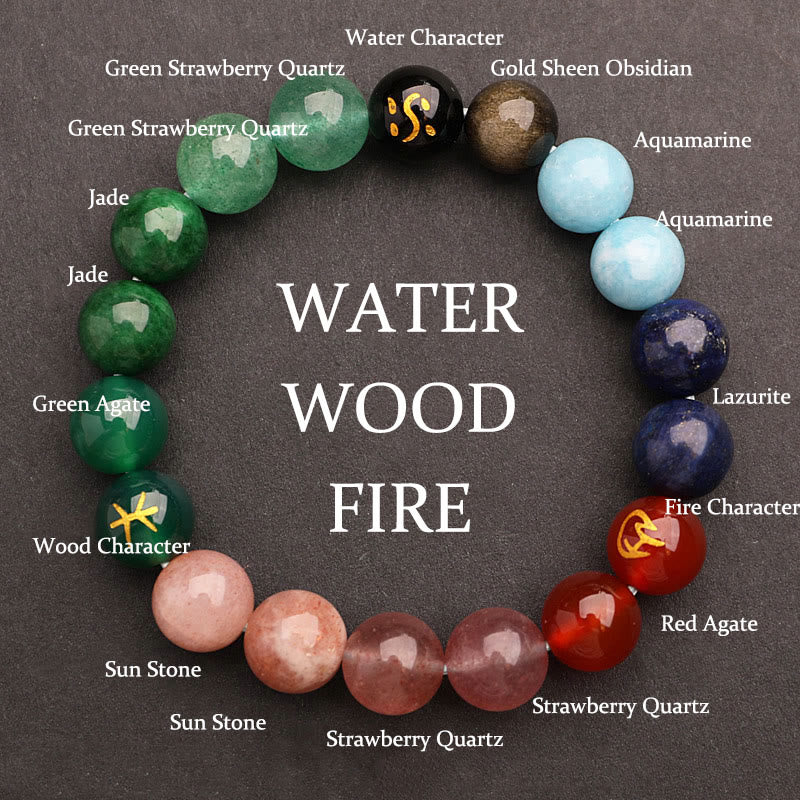 Five Elements Various Agate Crystal Green Strawberry Quartz Sun Stone Wealth Bracelet