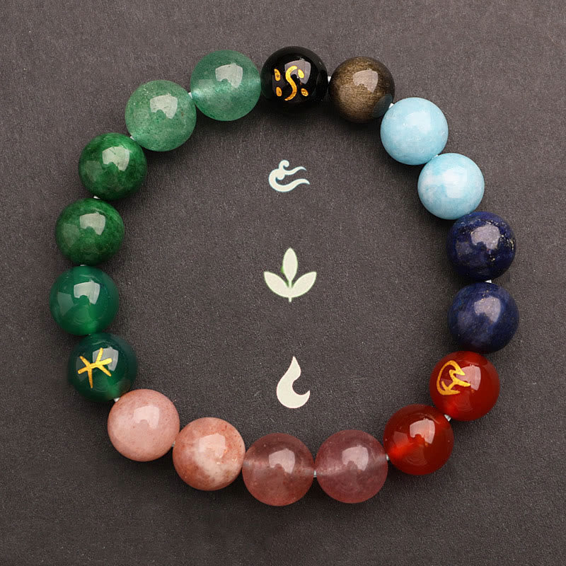 Five Elements Various Agate Crystal Green Strawberry Quartz Sun Stone Wealth Bracelet