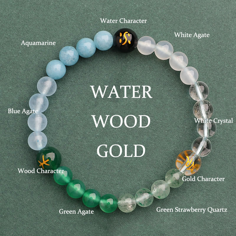 Five Elements Various Agate Crystal Green Strawberry Quartz Sun Stone Wealth Bracelet
