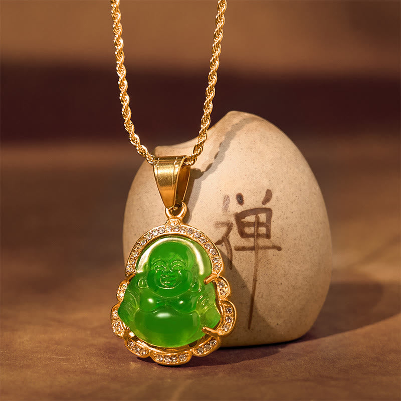 18K Gold Filled Laughing Buddha Jade Luck Necklace Chain Pendant
