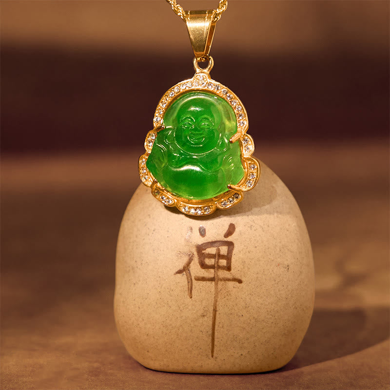 18K Gold Filled Laughing Buddha Jade Luck Necklace Chain Pendant