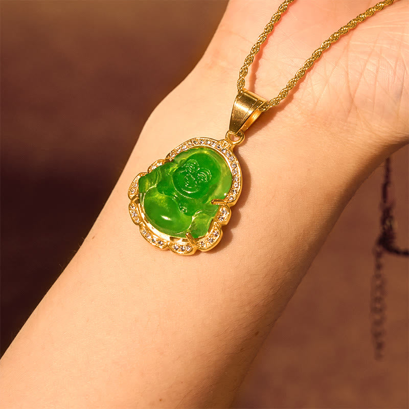 18K Gold Filled Laughing Buddha Jade Luck Necklace Chain Pendant