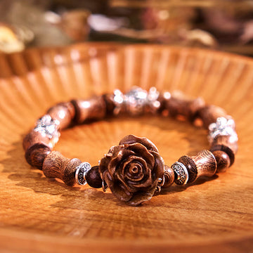Hand-Carved Sandalwood Bamboo & Camellia Copper Accent Healing Bead Bracelet